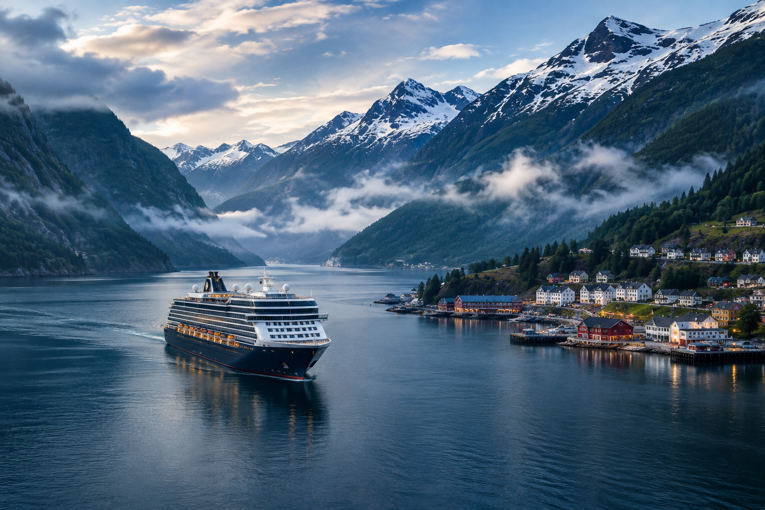Luxury ship approaching a misty fjord town framed by evergreen slopes and snow-touched peaks
