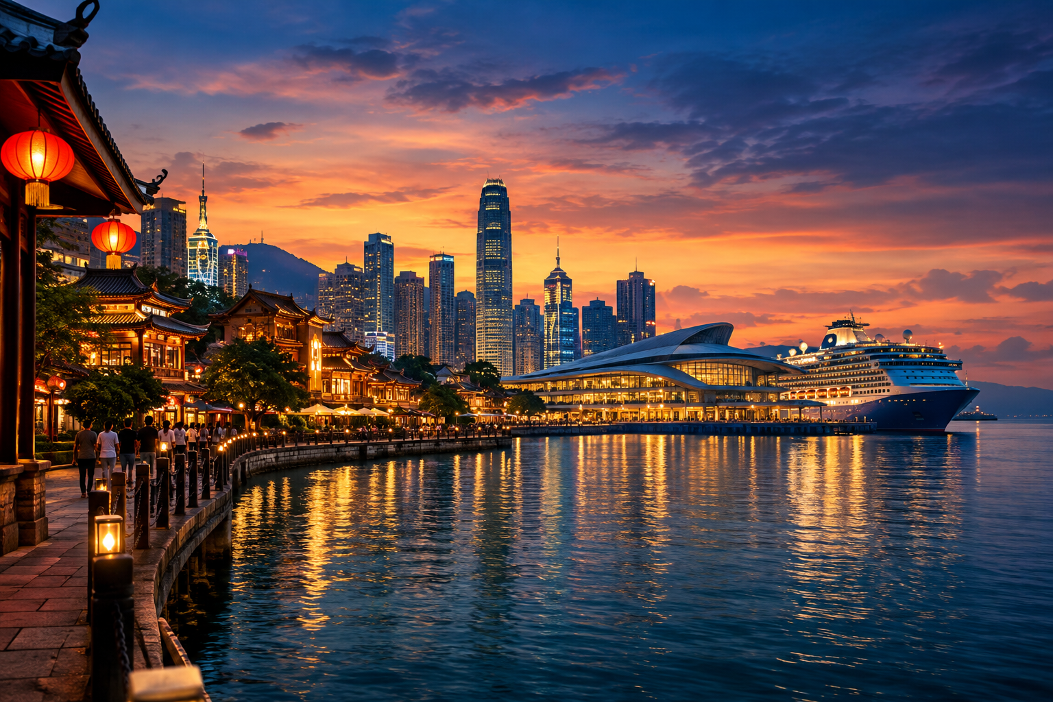 Vibrant Asian waterfront city at dusk with lantern-lit promenades, heritage architecture, and modern cruise terminal