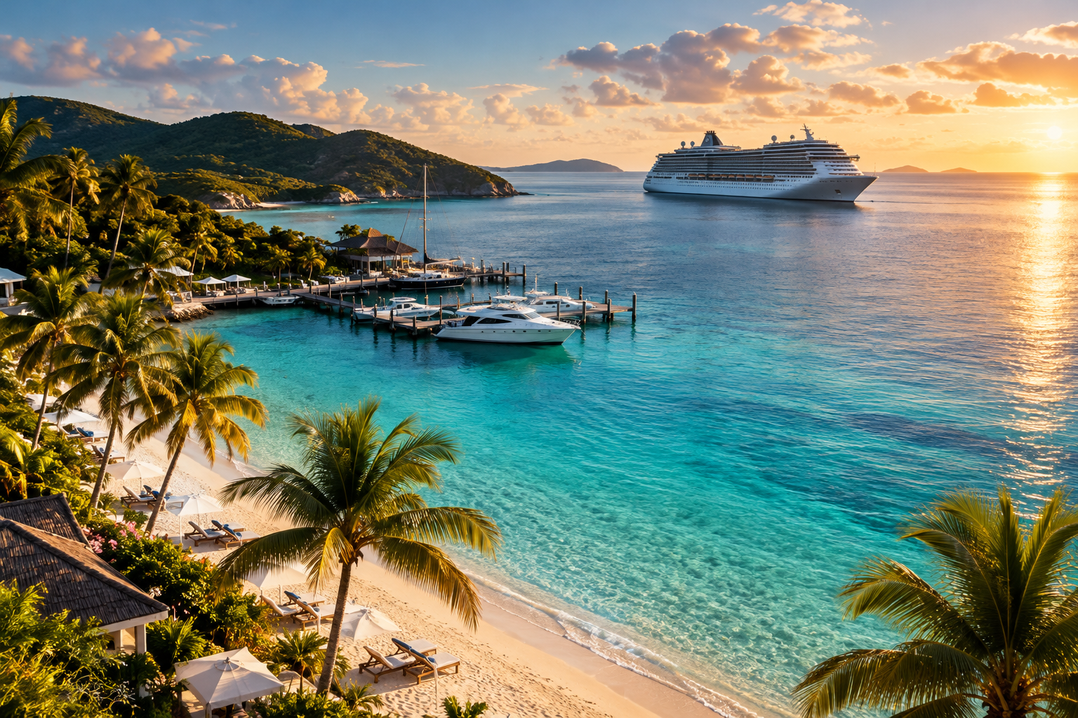 Turquoise Caribbean bay with palm-fringed sands, private marina docks, and a sleek cruise vessel offshore