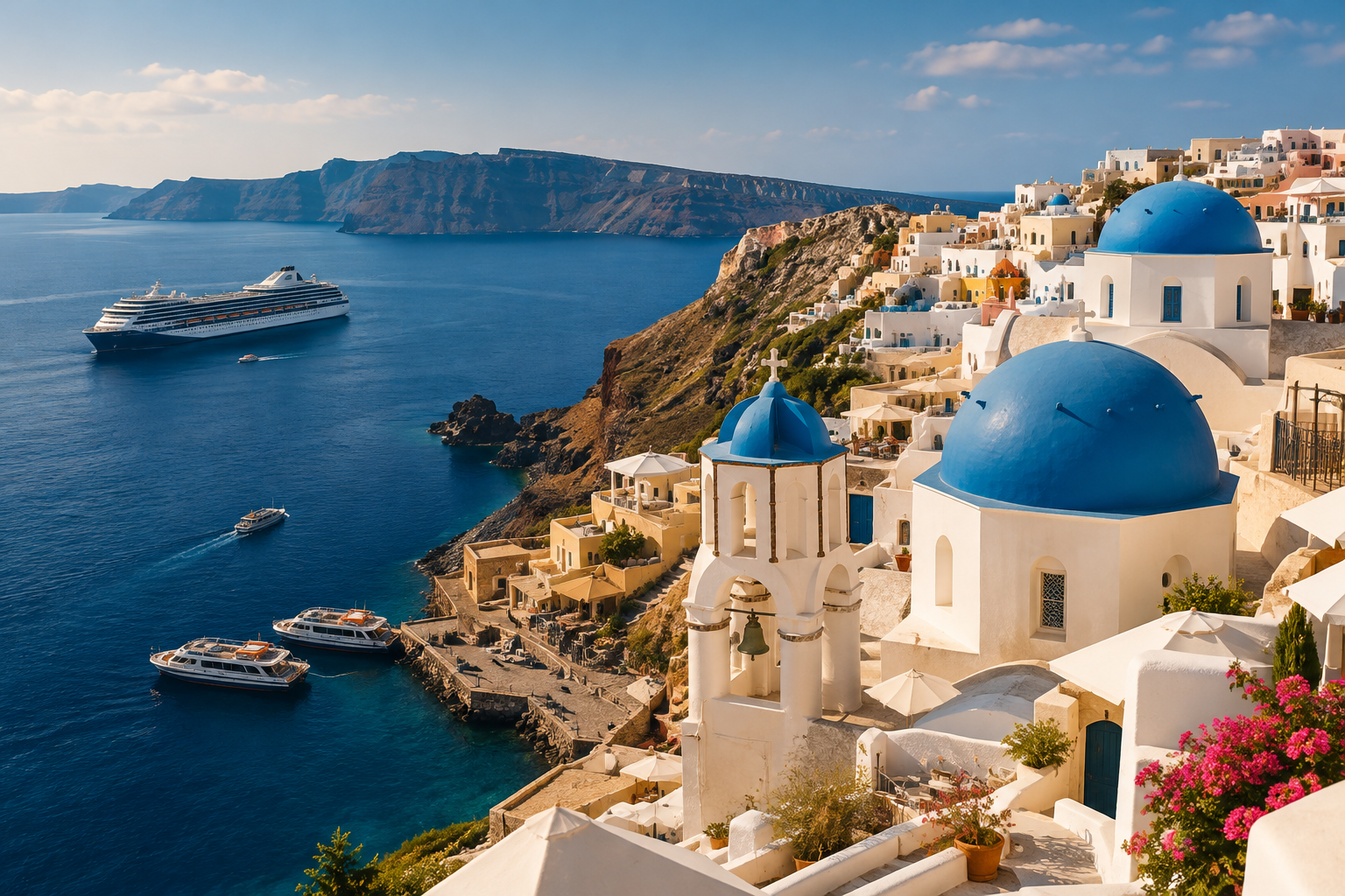 Whitewashed Santorini harbor town above a deep blue Aegean bay with anchored cruise tenders