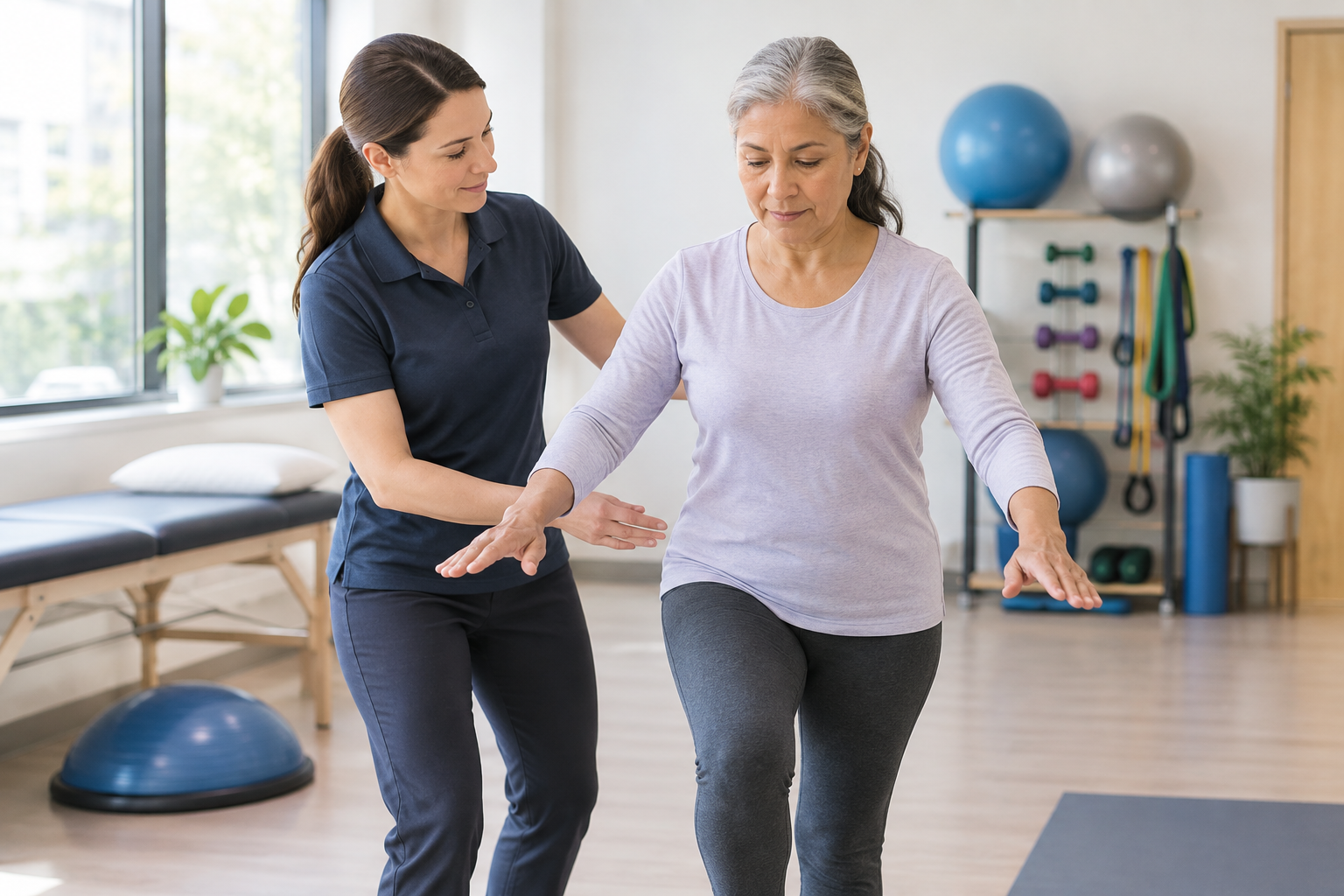 Physical therapist supporting an adult patient during balance training in a calm professional setting