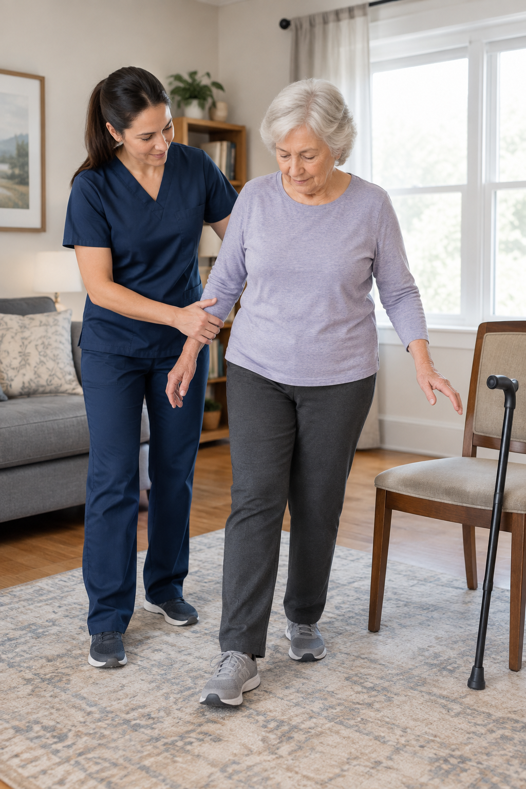 Physical therapist guiding an older adult patient through supported stepping practice in a living room with mobility aids nearby