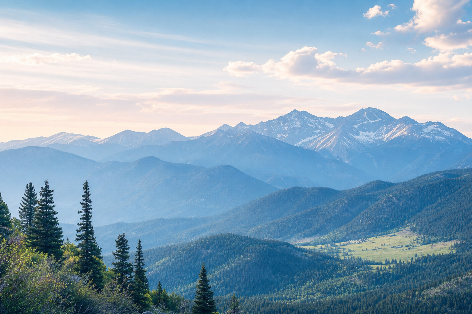 Scenic Colorado mountains with cool blue tones and airy sky, evoking a calm, welcoming community feel