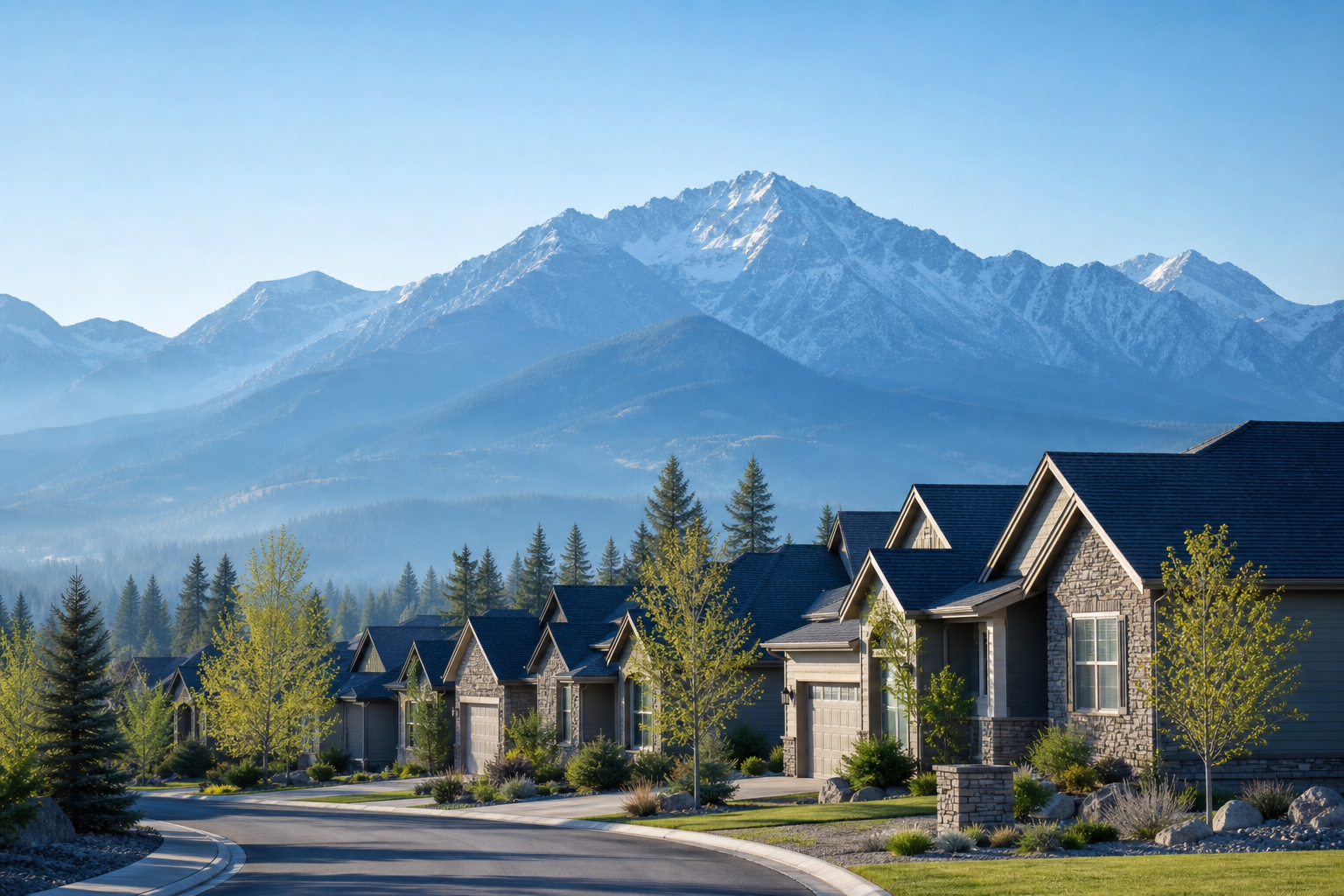 Scenic view of a blue-toned mountain range behind a quiet neighborhood