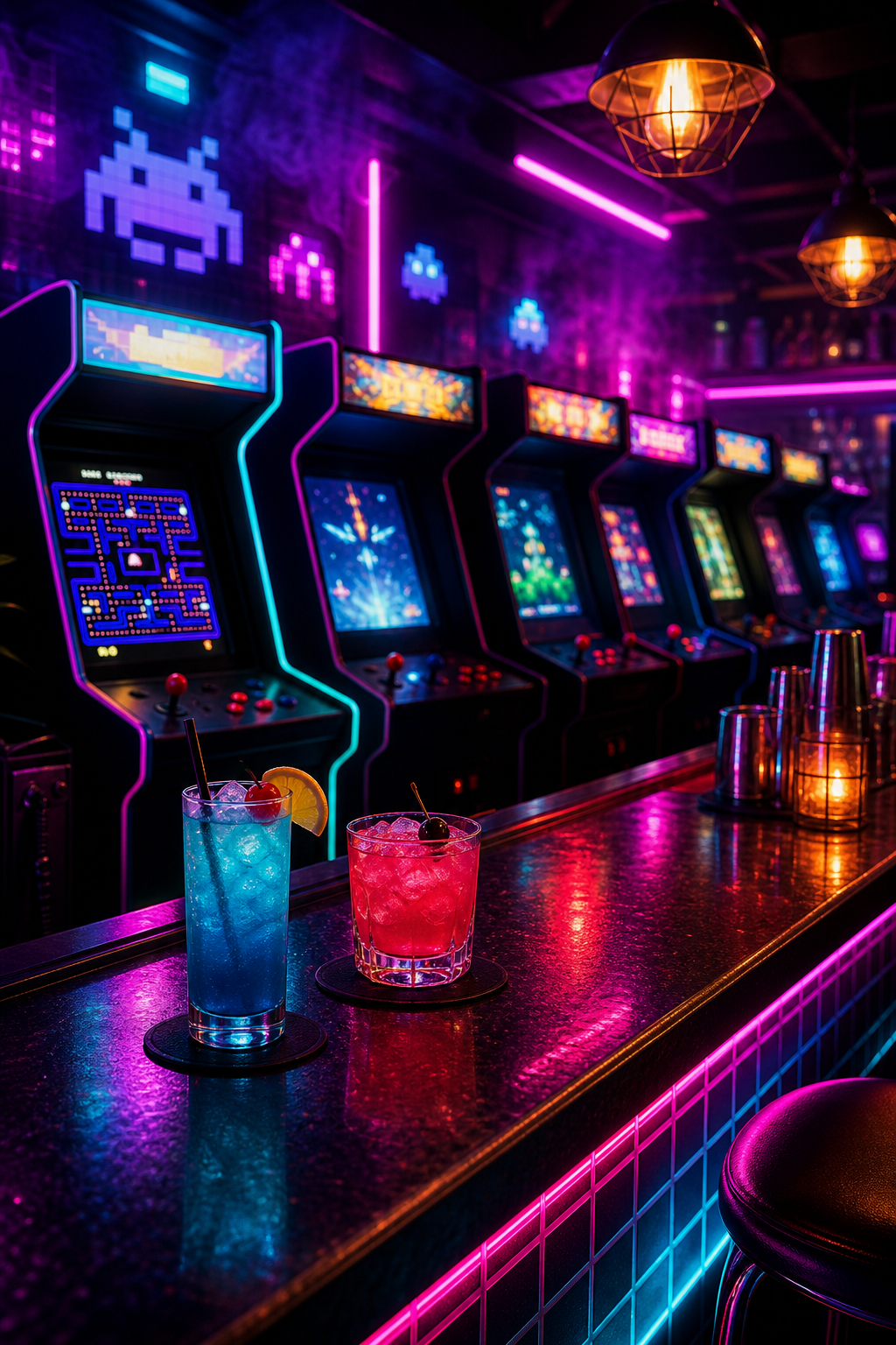 Stylized neon arcade bar scene with glowing game cabinets and colorful cocktails on a counter