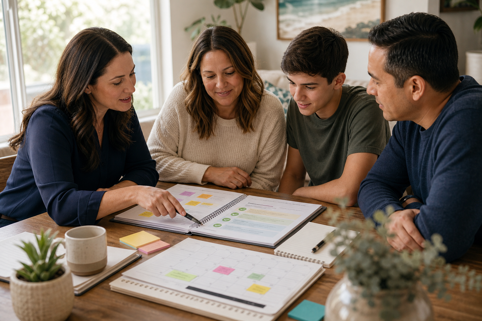 Family and consultant reviewing goal milestones and unmet needs notes on a paper plan