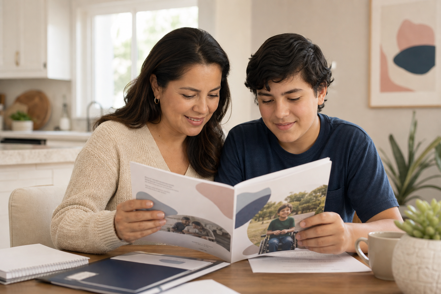 Parent and adult child reading a disability support guide together at a bright kitchen table