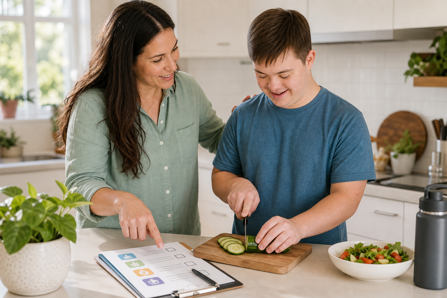 Parent guiding a young adult through a daily living skills checklist in a home kitchen