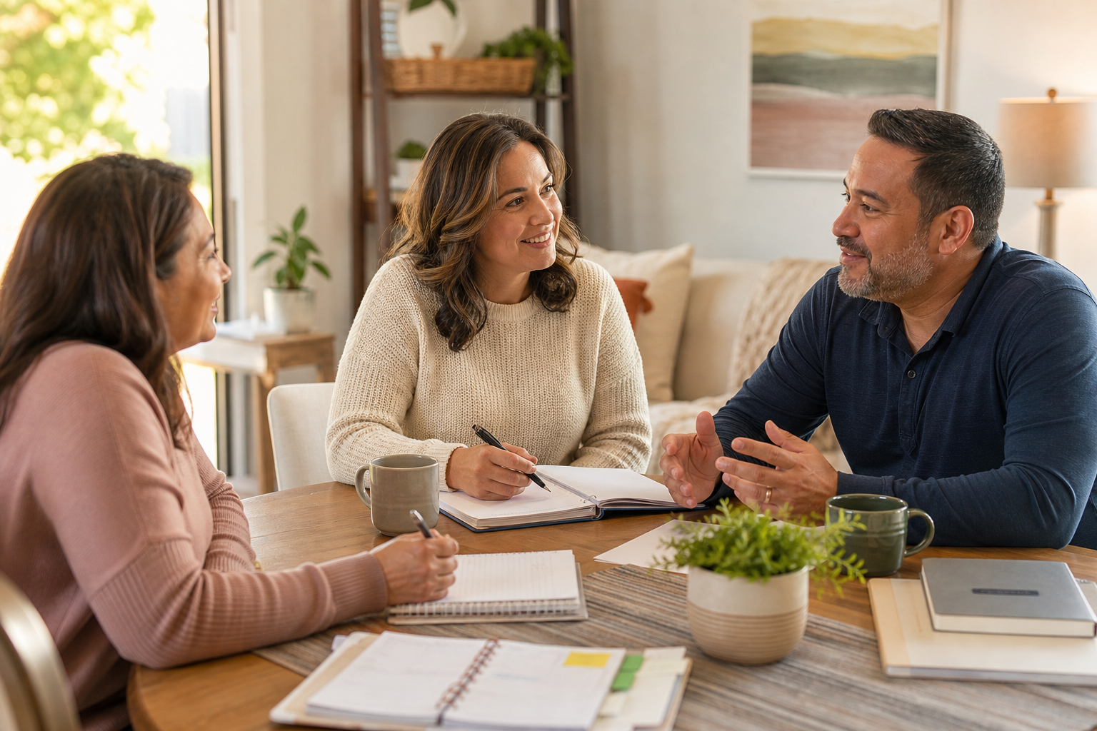 Small parent support team meeting in a calm living-room setting with notes and coffee