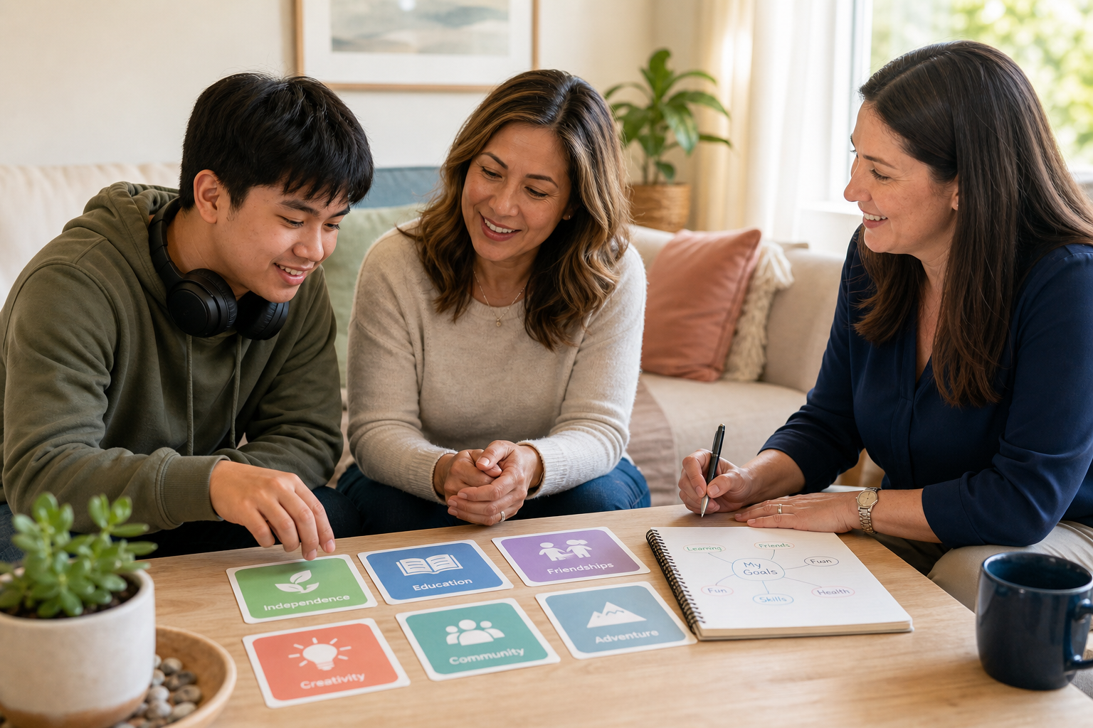 Caregiver, adult client, and advocate collaborating over a person-centered planning worksheet