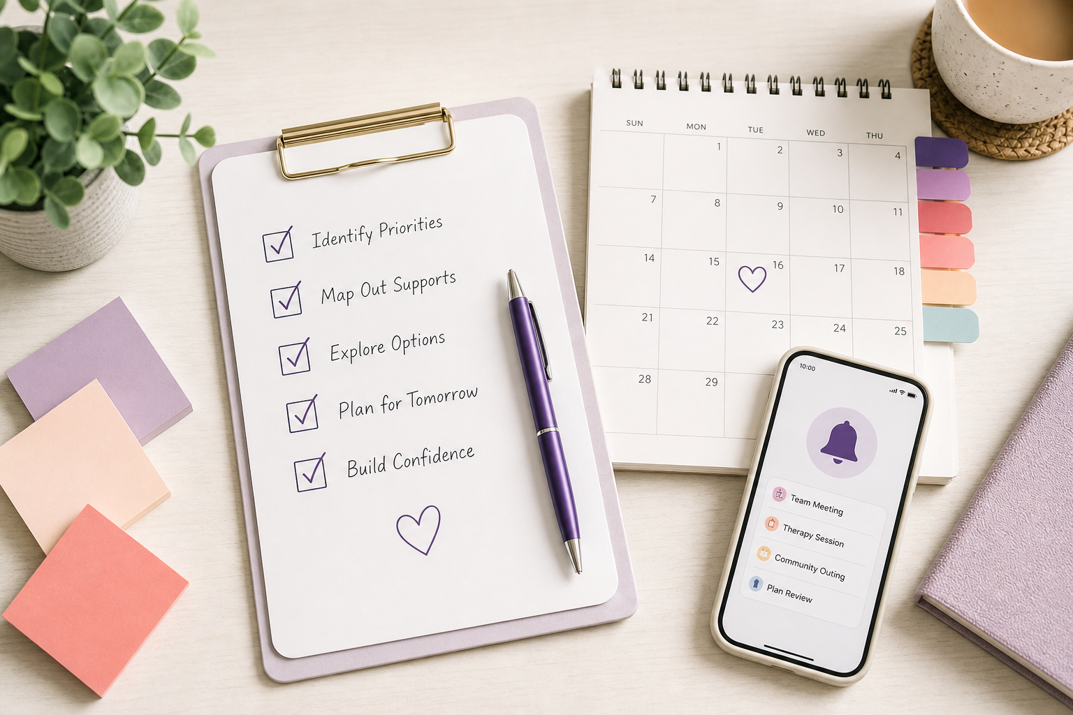 Printed planning checklist with highlighted goals, pen, and calendar on a tidy desk