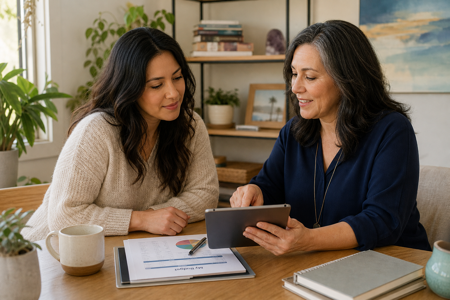 Caregiver and consultant discussing budget and choice options on a tablet