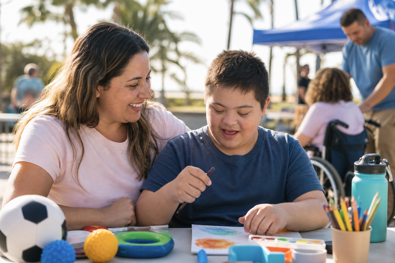 Parent and neurodivergent child smiling while joining a small outdoor community activity with adaptive recreation tools in a sunny Southern California park