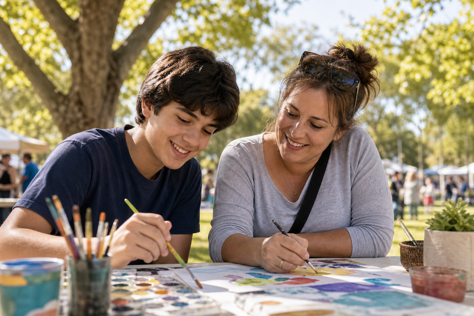 Neurodivergent teen with family member enjoying a community art activity outdoors
