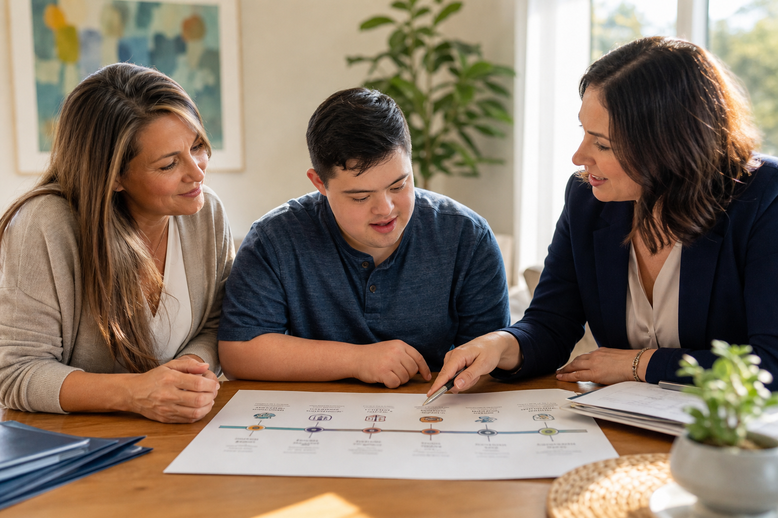 Young adult and family member discussing transition planning steps with a consultant