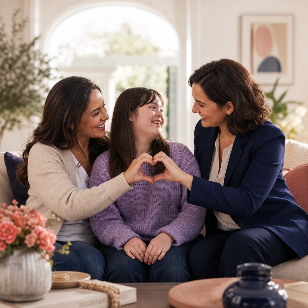 Adults with disabilities with family members and a caregiver sharing a supportive planning conversation in a warm home living room