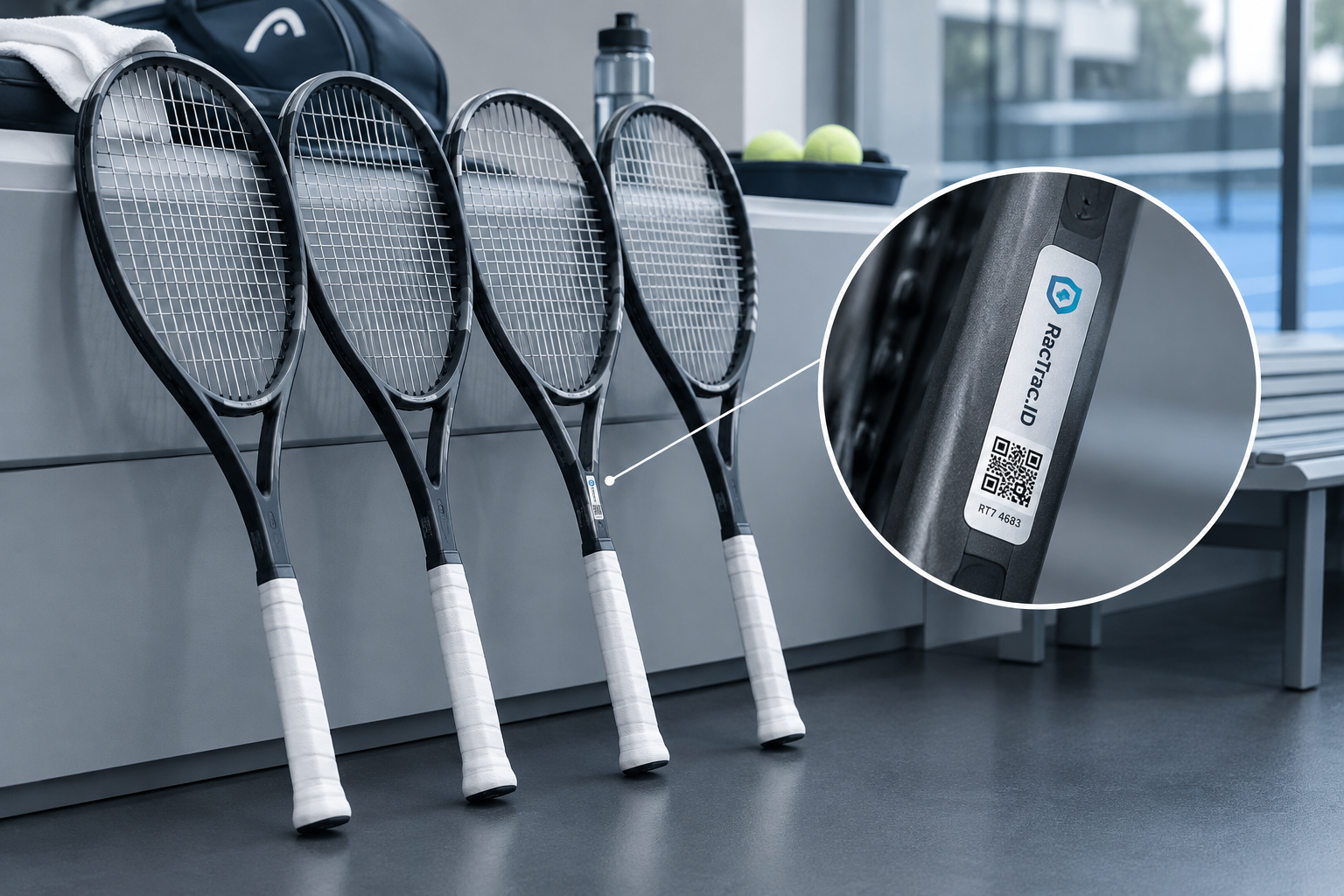 Integrated composite product photo: four visually identical modern tennis rackets lean against a cool-toned neutral bench in a clean premium club workshop scene; only one racket has a discreet QR security label placed longitudinally along the shaft near the heart, and a noticeably larger integrated magnified inset prominently enlarges that exact label with a clearly legible RacTrac.ID logo and crisp QR detail in realistic premium print
