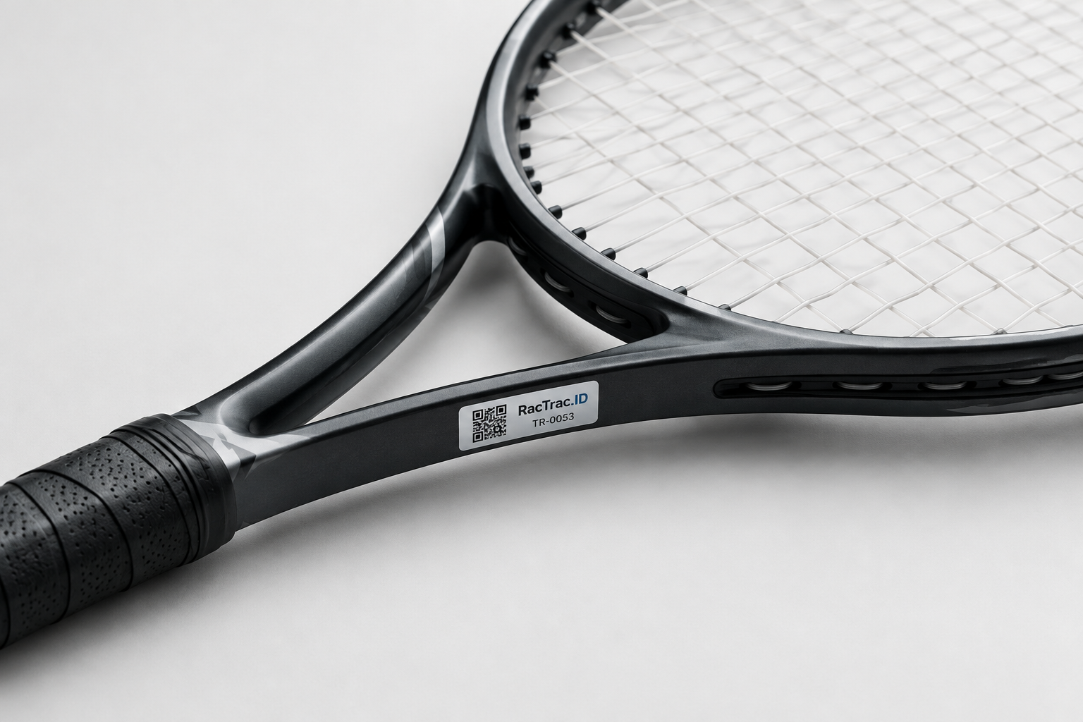 Premium tennis racket in a neutral studio setup with a straight, natural frame; a side-mounted physical security label shows a QR code on the left, the original RacTrac.ID logo styling exactly on the right (no extra leading letter), and TR-0053 directly beneath the logo