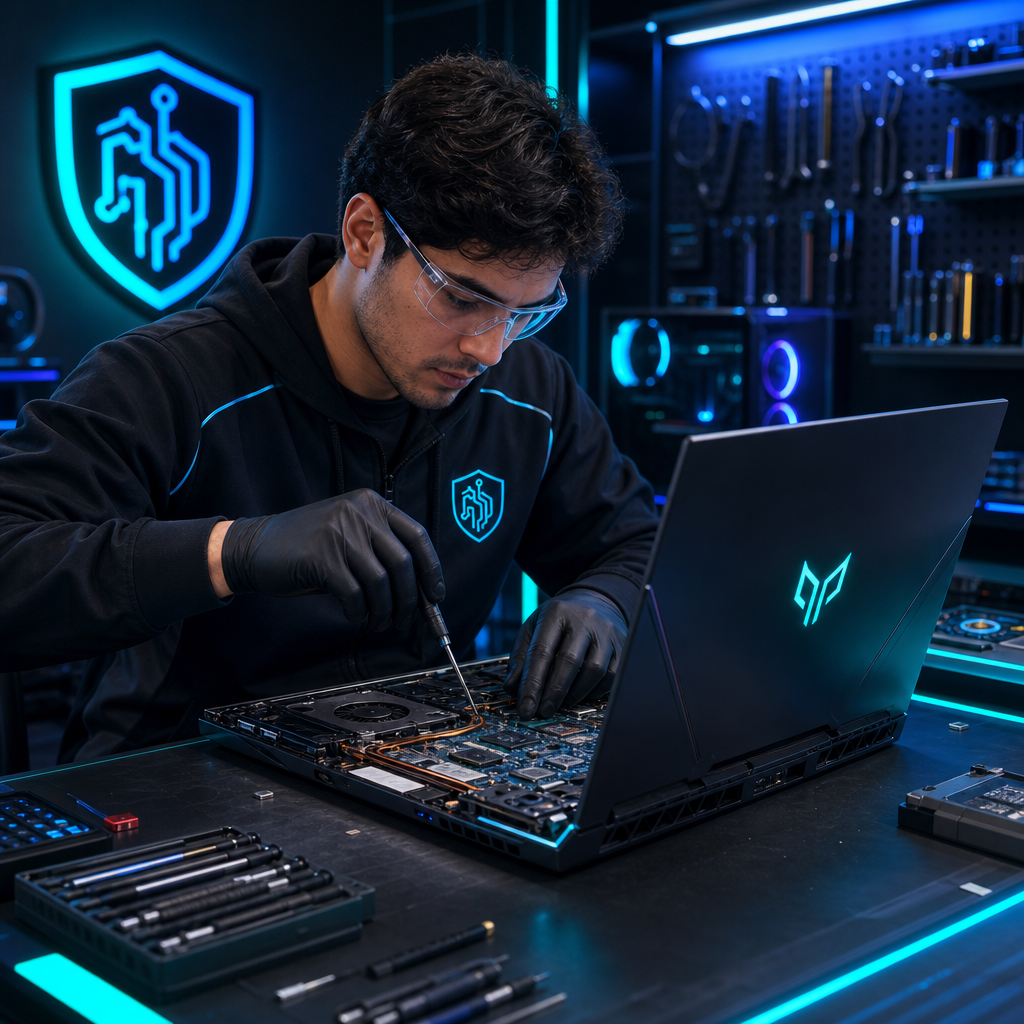 Technician repairing a gaming laptop with glowing cyan lighting and circuit tools
