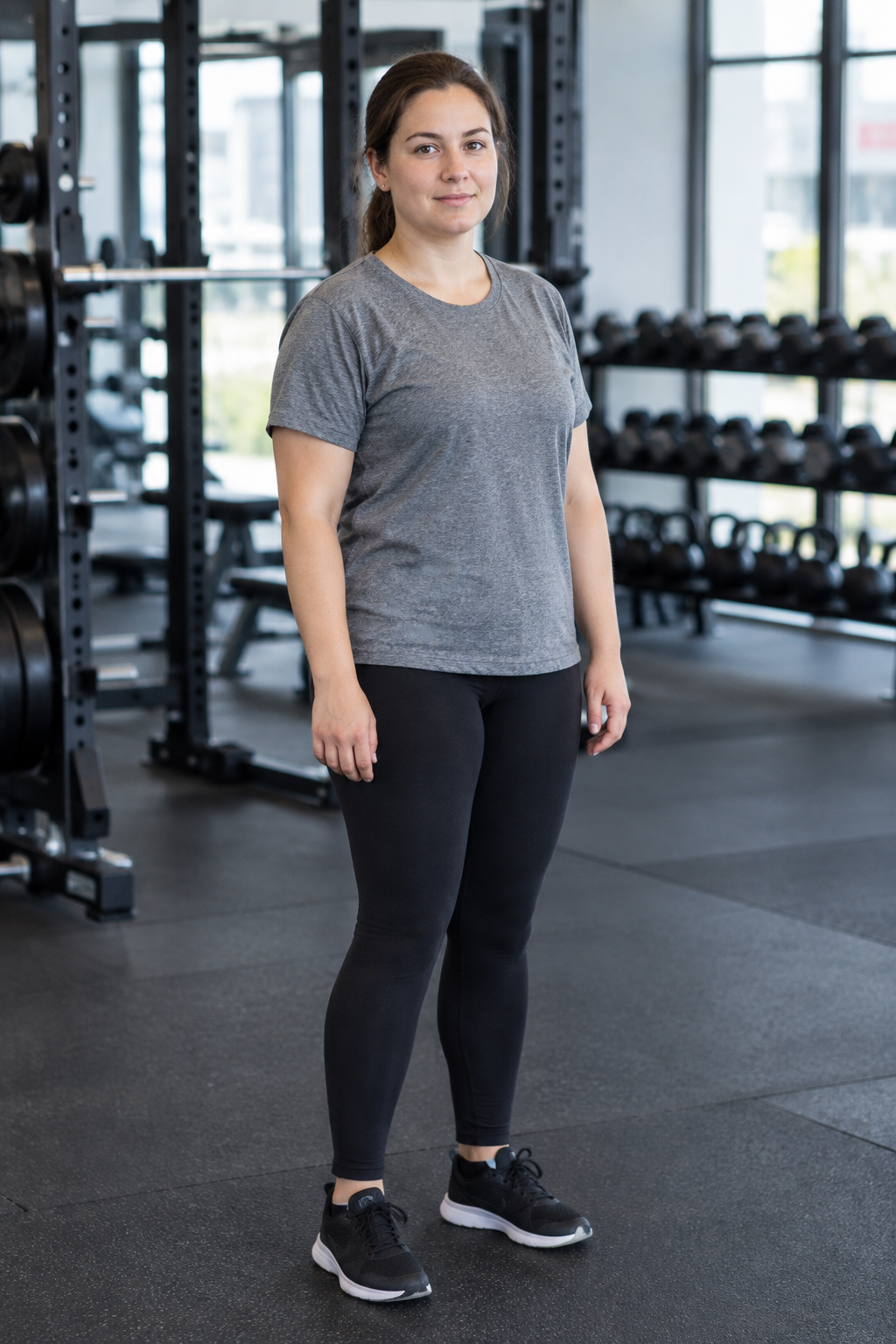 Alina at the start of her transformation, standing confidently in a bright gym wearing a loose grey workout top