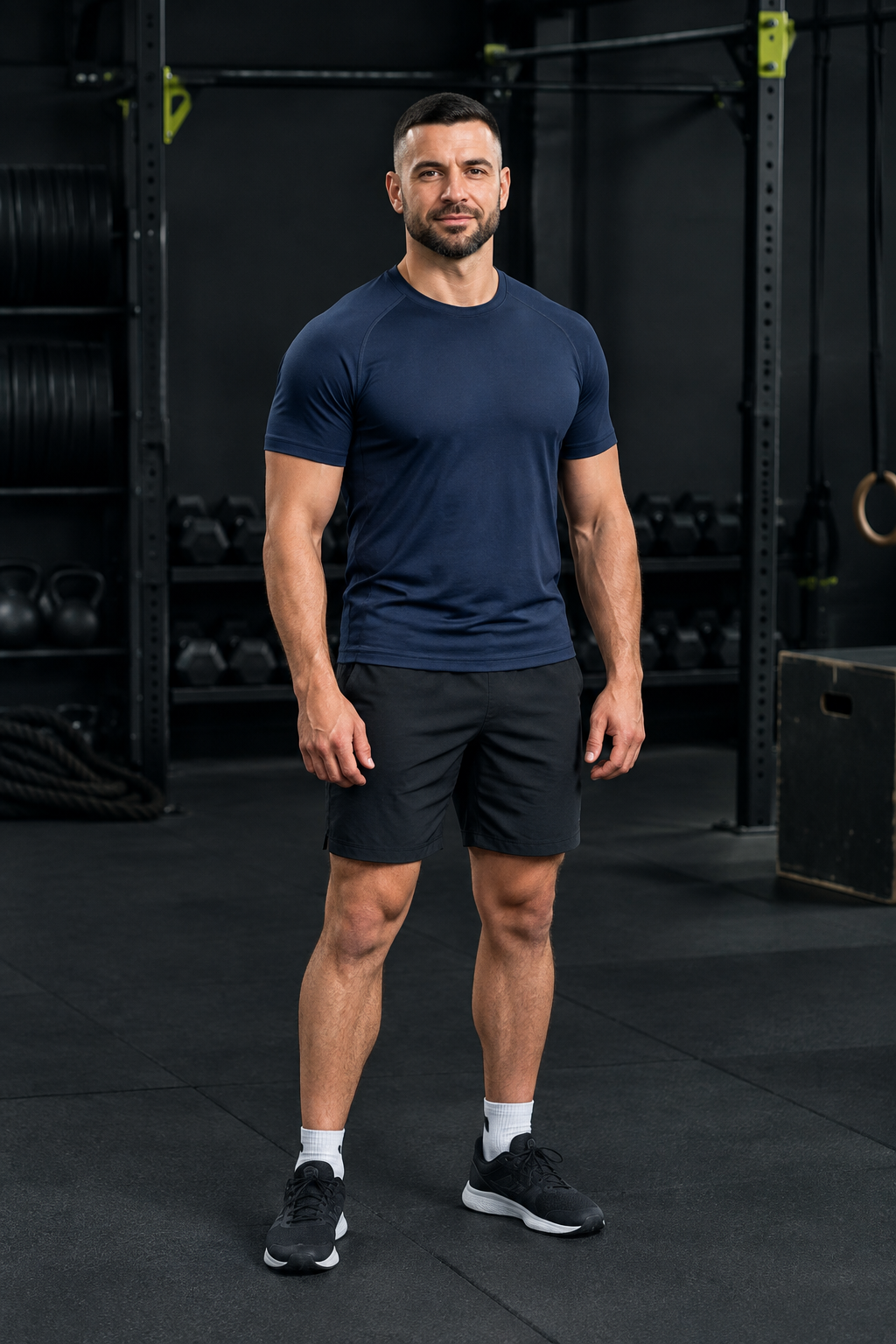 Daniel after twelve weeks, visibly leaner with broader shoulders, standing in the same training studio wearing a navy blue athletic shirt