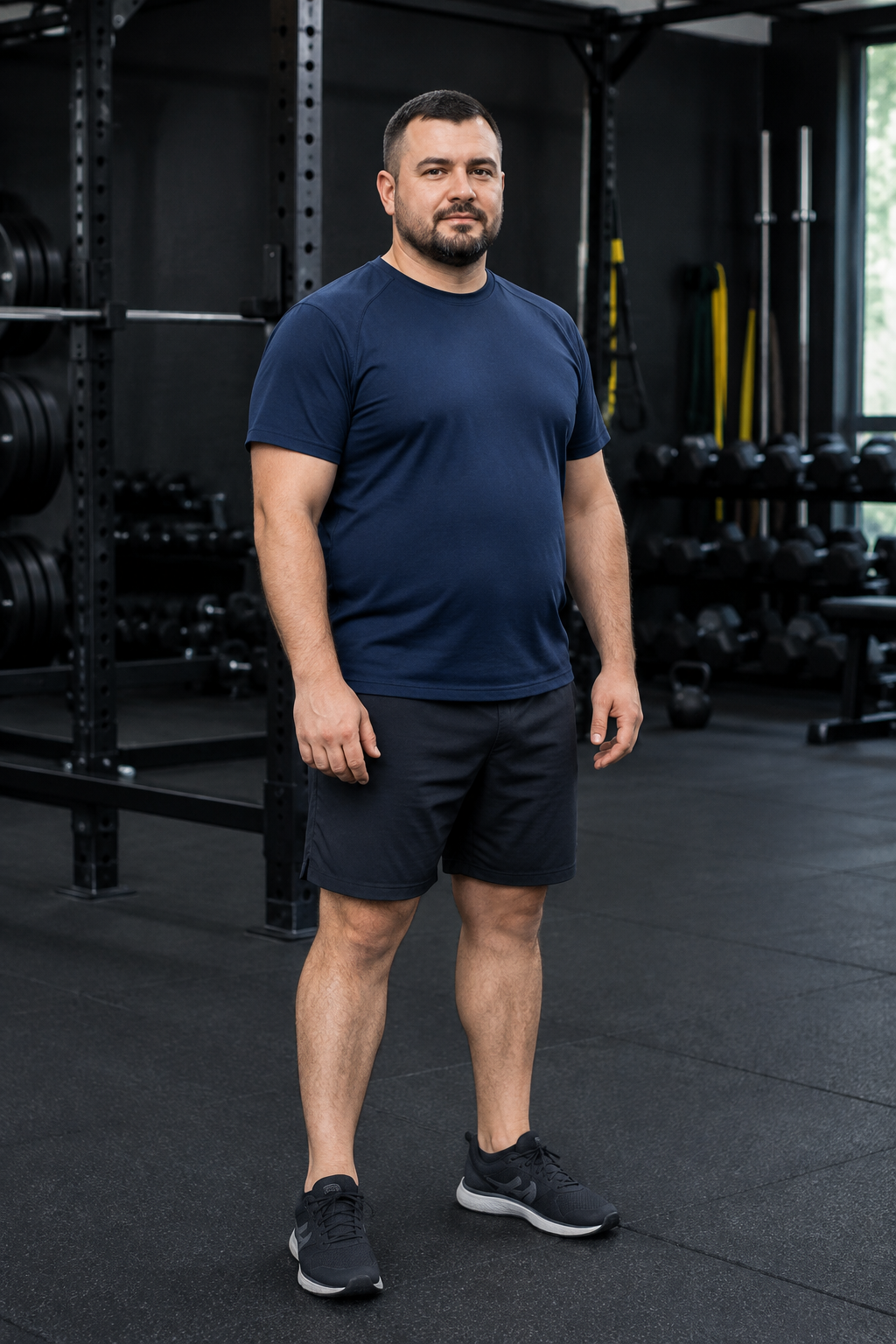 Daniel at the start of his transformation, standing in a functional training studio wearing a navy blue athletic shirt