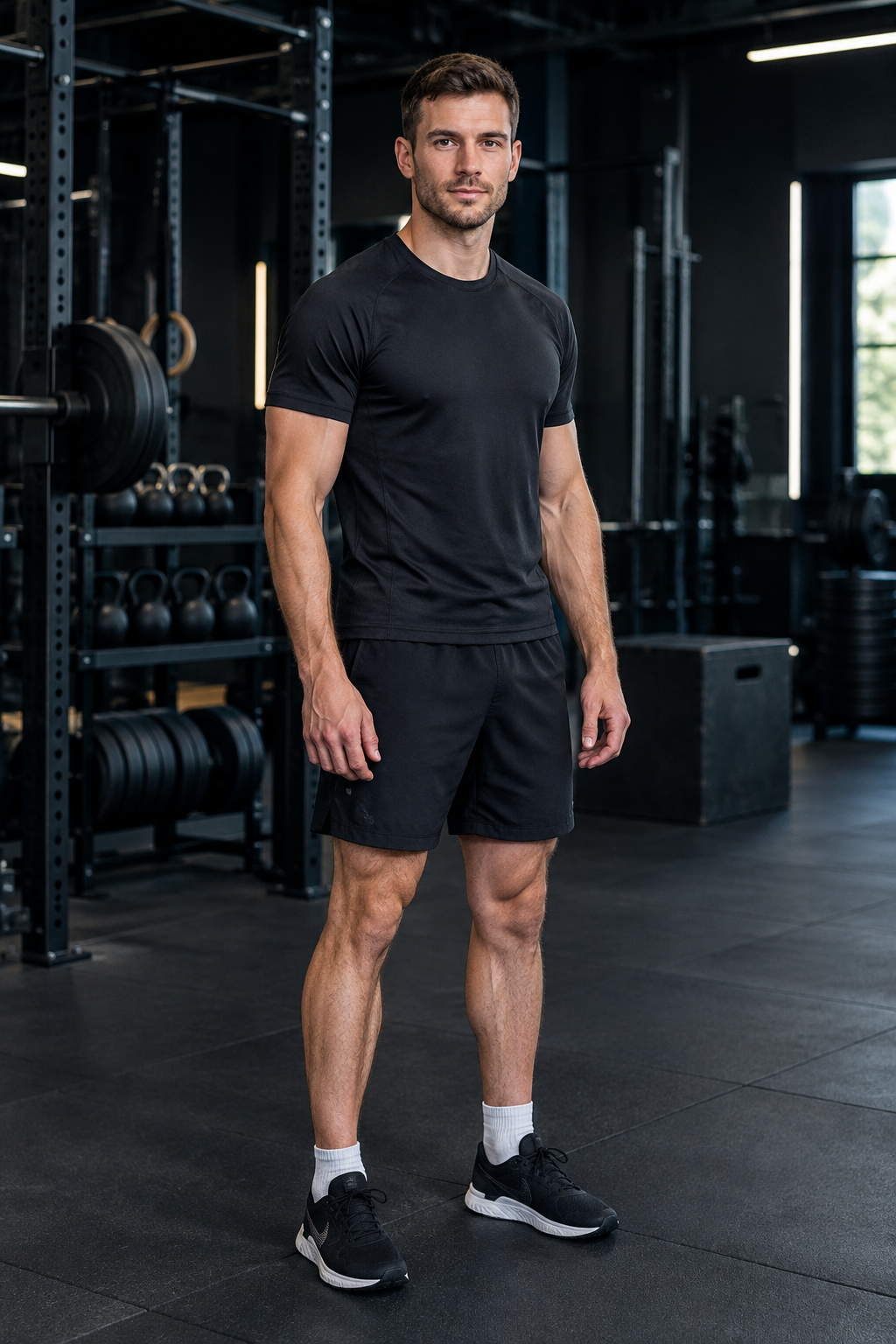 Jordan after twelve weeks, visibly leaner and more muscular, standing in a gym wearing a fitted black training shirt
