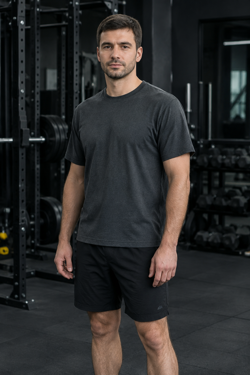 Jordan at the start of his transformation, standing in a gym in a dark charcoal t-shirt