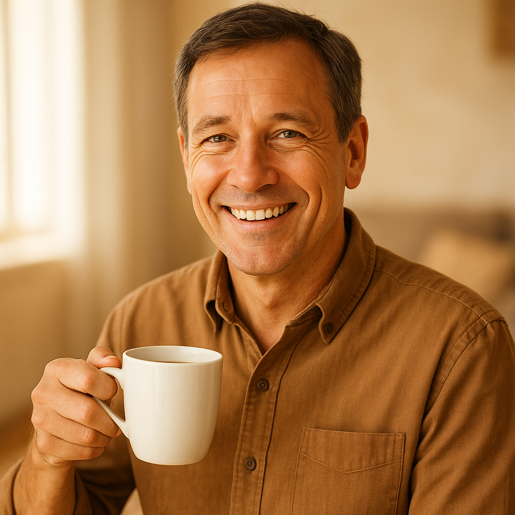 Smiling middle-aged man enjoying coffee
