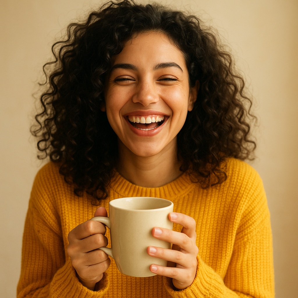 Young woman laughing with mug in hand