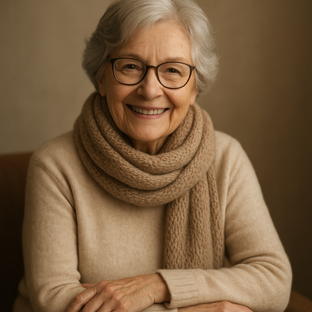Elderly woman with glasses, smiling warmly