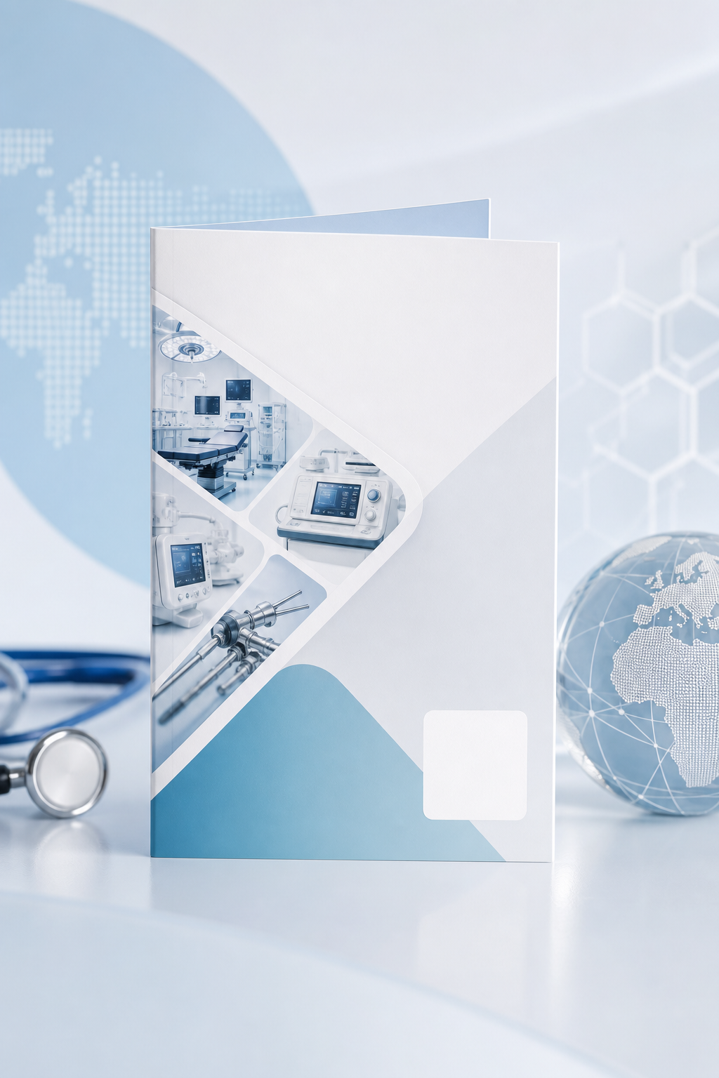 Clean portrait brochure mockup with soft medical gradients and a blank QR block, no visible text