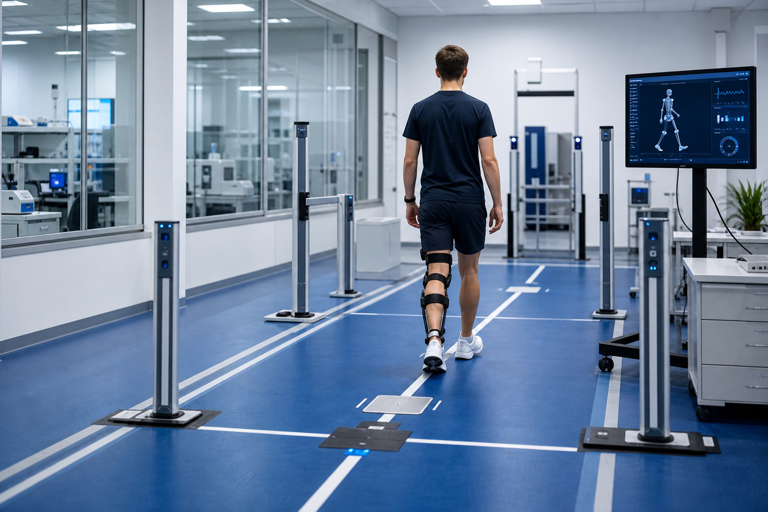 High-tech medical device testing environment with a person moving through a structured indoor course, blue floor with lane markings, sensors, barriers, and a digital measurement display