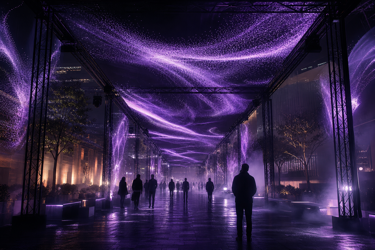 Overhead projection canopy with violet particle streams floating above a public plaza walkway