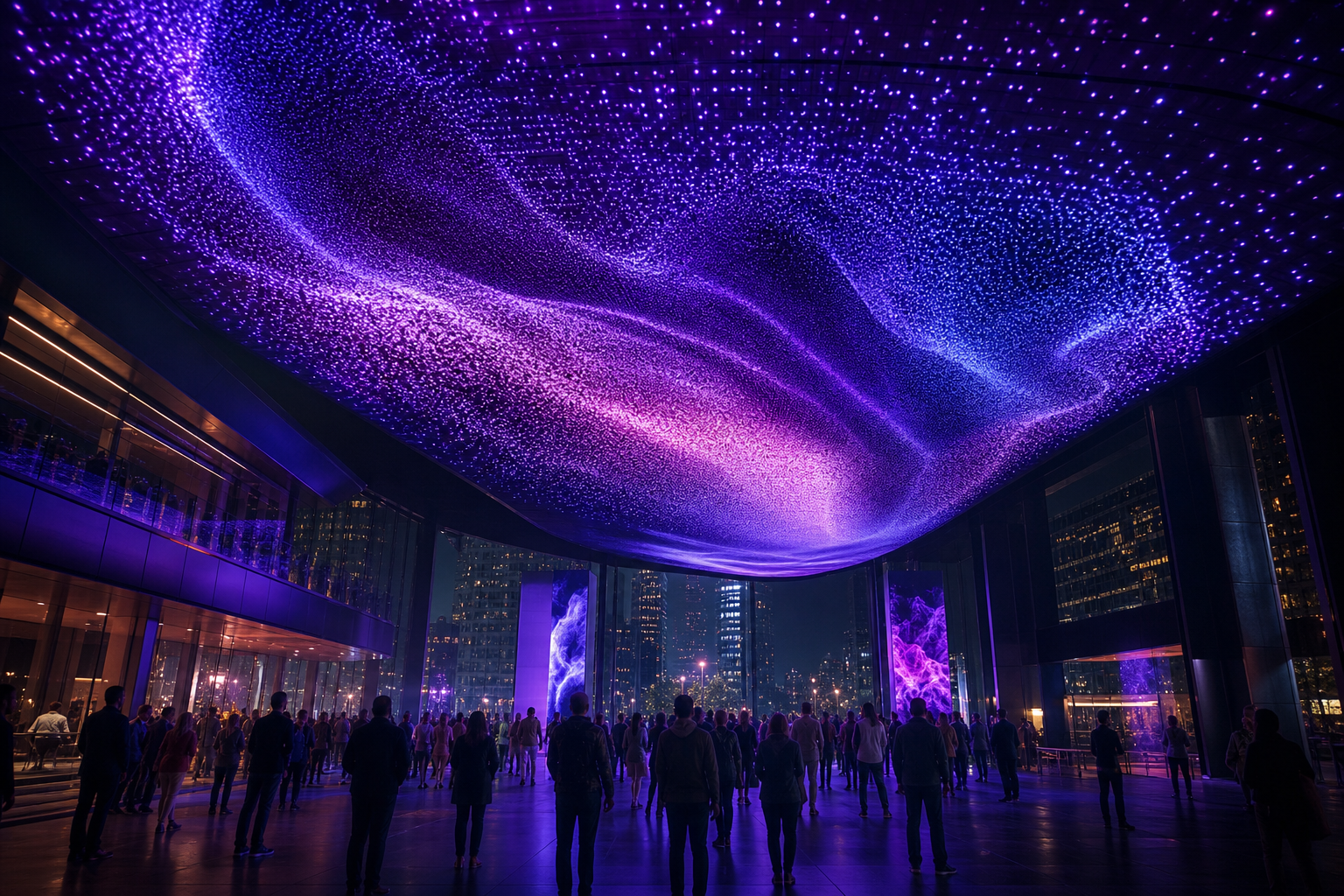 Large projection canopy with violet particles and atmospheric mist above a crowded urban event walkway