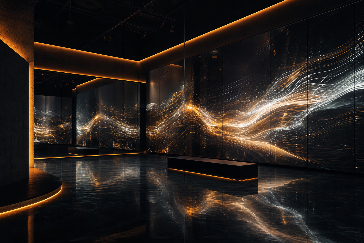 Immersive mirror wall with orange edge lighting and abstract wave reflections in a studio environment