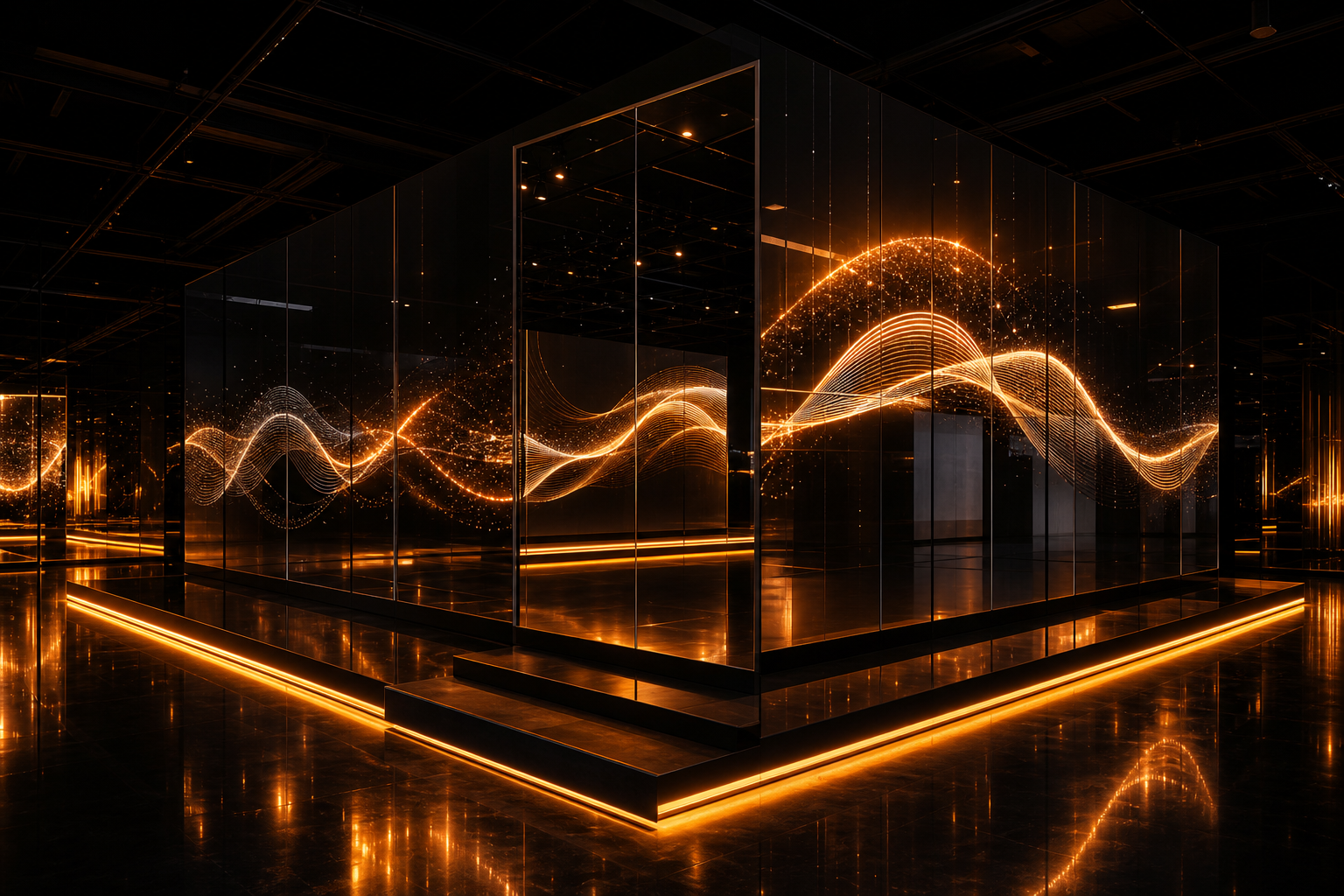 Reflective media wall with warm amber edge lighting and fluid branded waveforms in a dark launch venue
