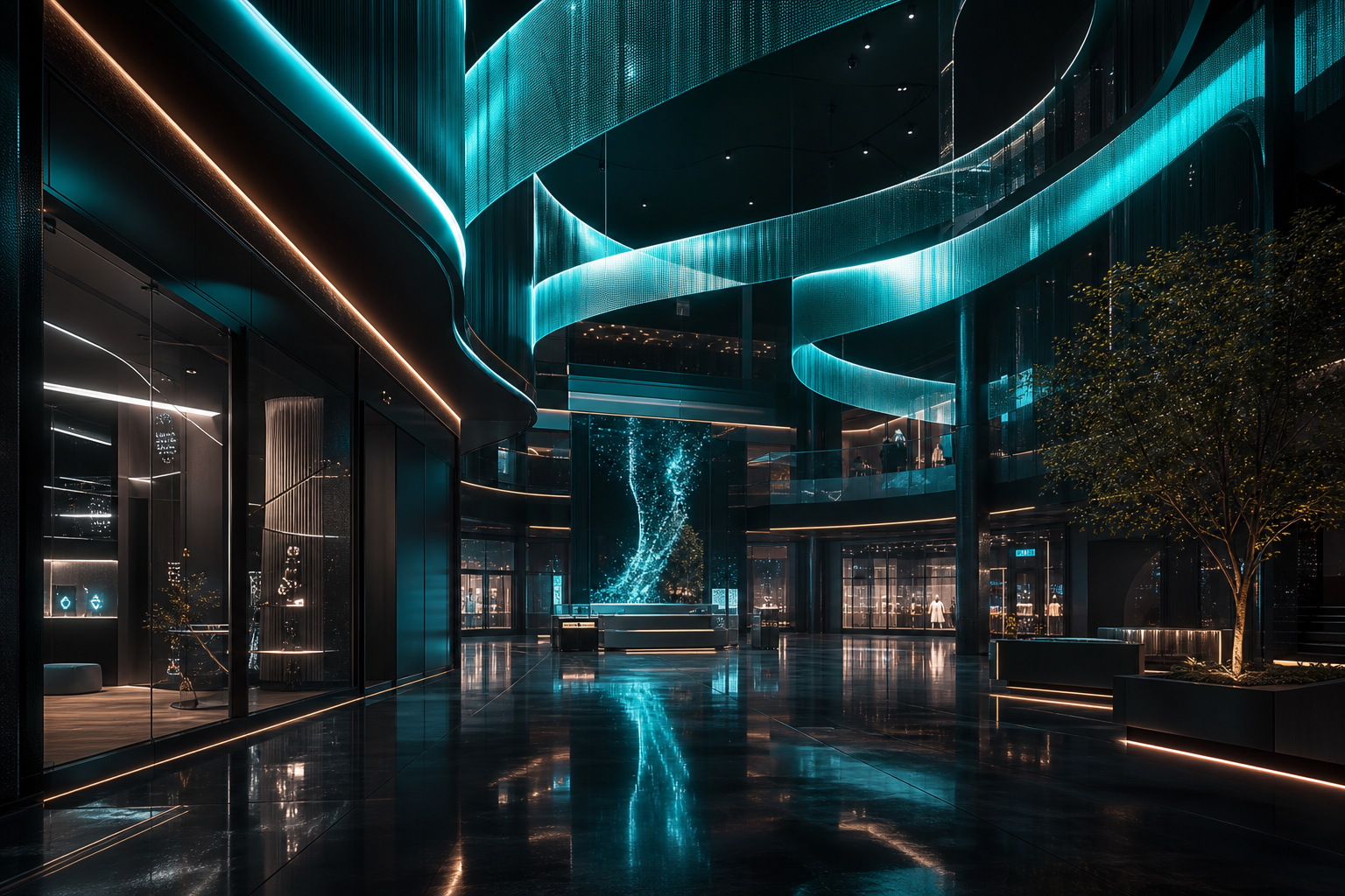 Wide cinematic view of a dark retail atrium with suspended cyan light ribbons and reflective black flooring