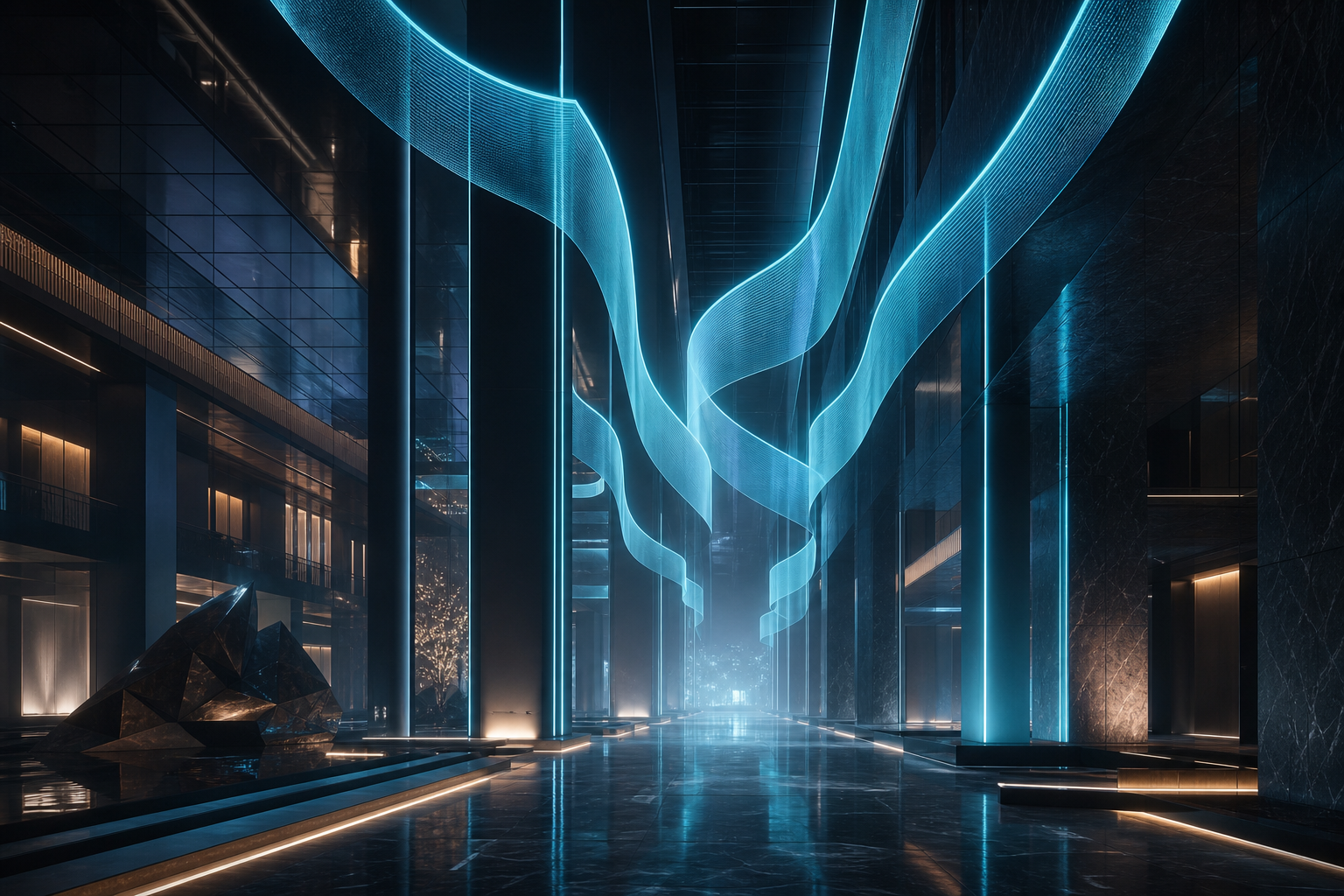Immersive corridor installation with suspended cyan luminance bands and volumetric haze in a premium retail atrium