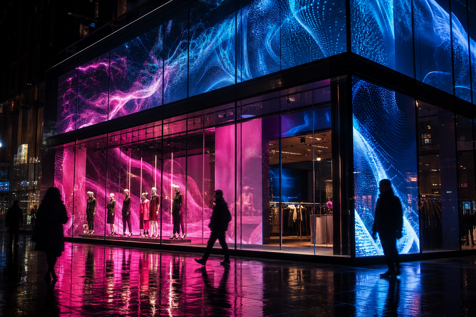 Street-facing storefront display with layered magenta and blue motion graphics behind glass at night