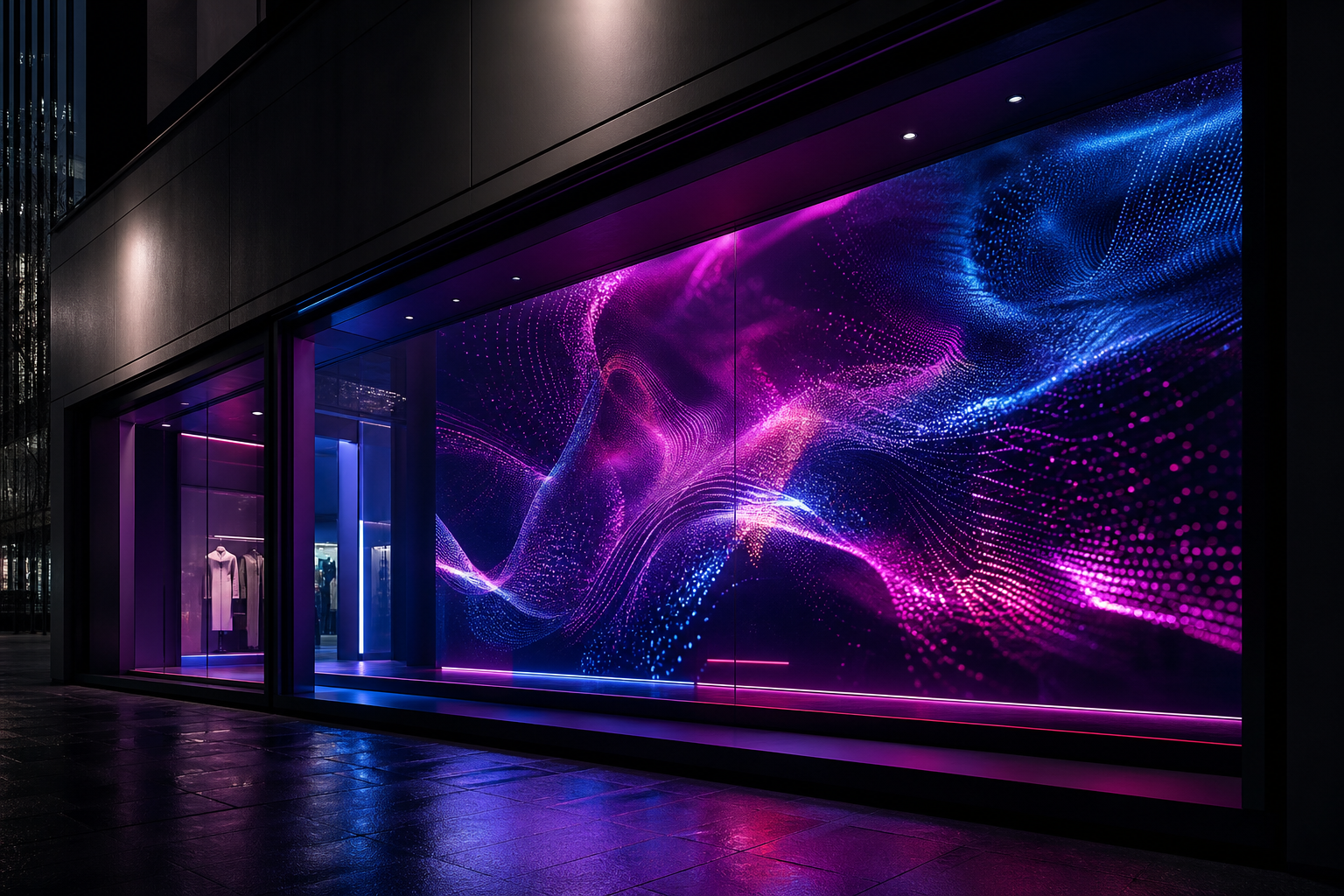 Nighttime luxury storefront with layered magenta and electric blue generative visuals reacting to pedestrian silhouettes