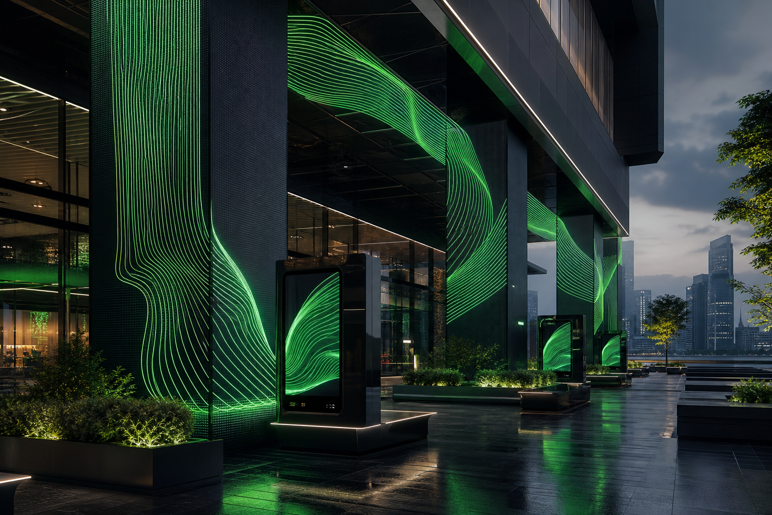 Large-scale brand plaza screen array with green linework graphics wrapping architectural columns