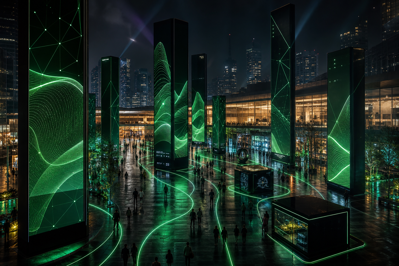 Architectural brand plaza with synchronized green line graphics across giant LED columns and pedestrian kiosks