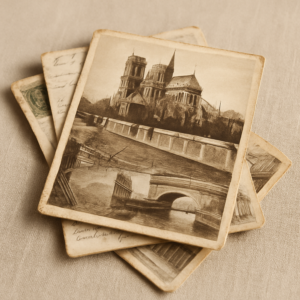 A small stack of vintage Paris postcards with sepia-toned street scenes, handwritten notes, and aged paper edges