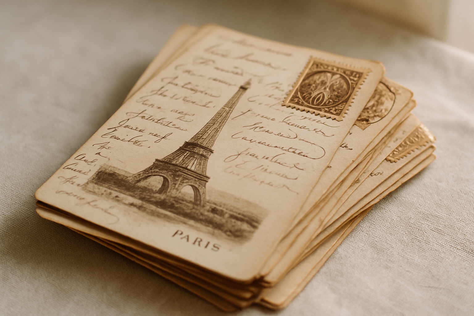 Stacked vintage Paris postcards with sepia tones, handwritten notes, and ornate stamps resting on a linen table