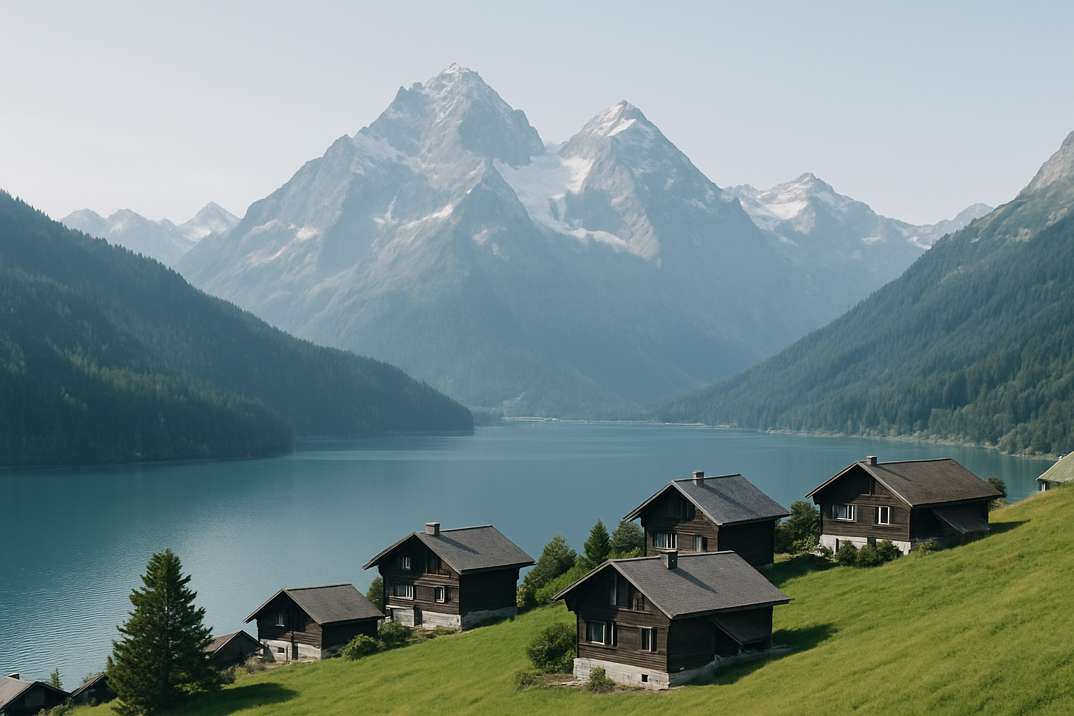 Alpine village with wooden chalets above a turquoise lake beneath snow-capped peaks