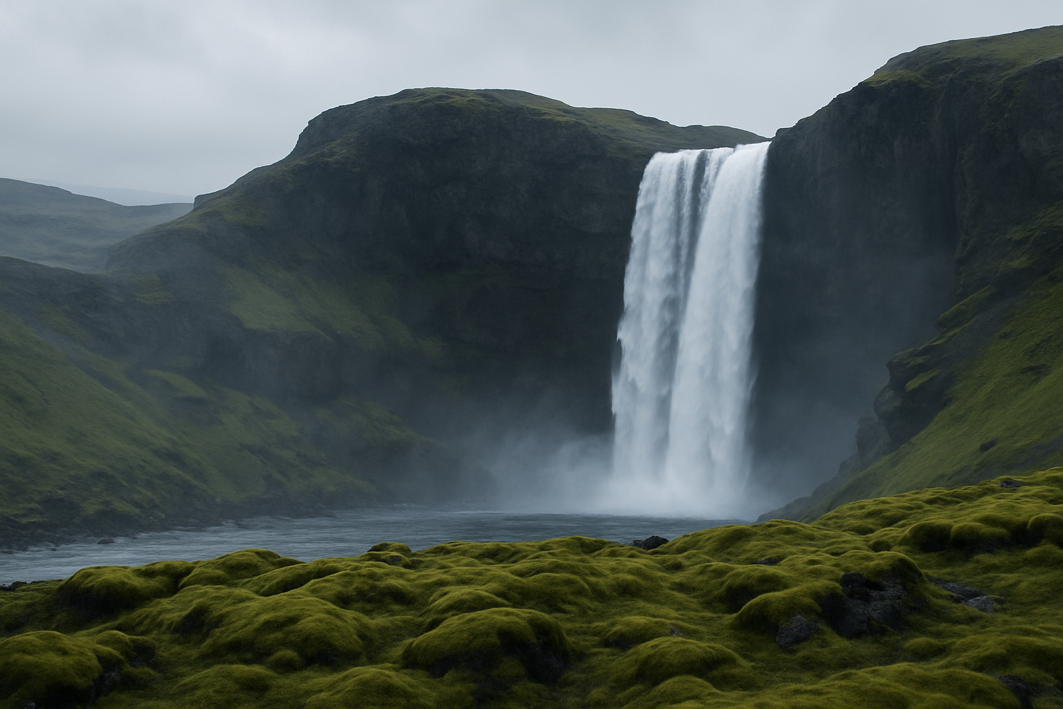 Tall waterfall cascading over dark basalt cliffs beside mossy lava fields in soft Icelandic light