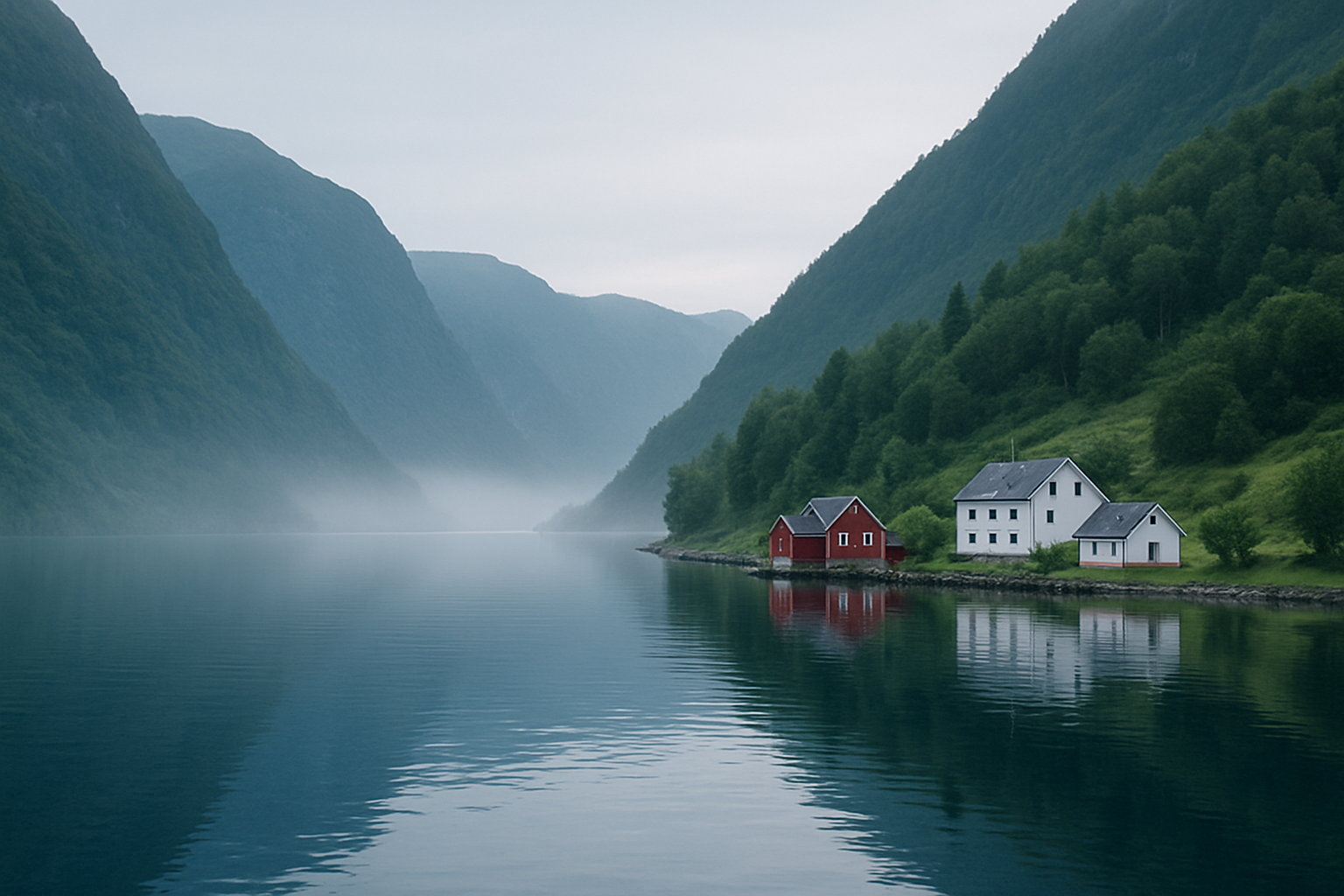 Deep blue Norwegian fjord framed by steep green mountains with a small red-roofed village on the shore