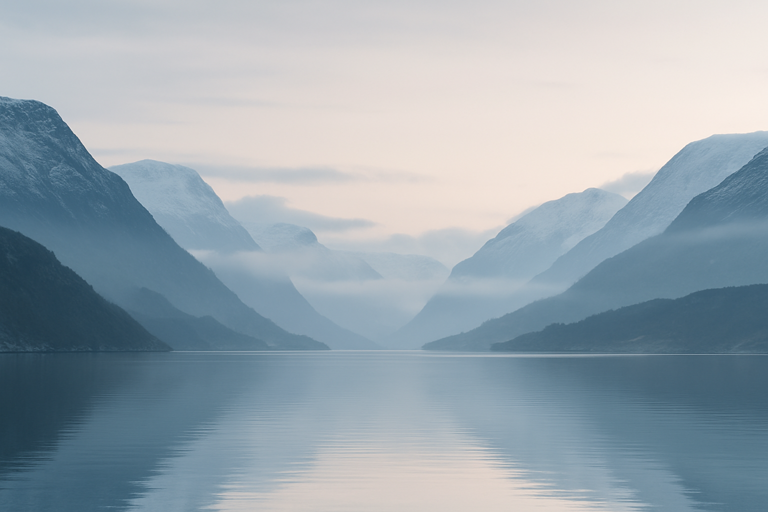 Cinematic misty mountain vista with layered alpine ridges, a calm fjord and soft cool morning light