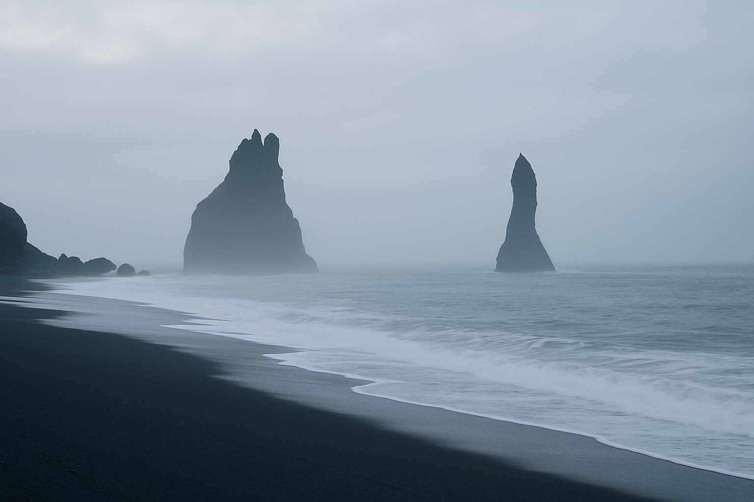 Black-sand beach on Iceland's South Coast with basalt sea stacks under soft misty morning light